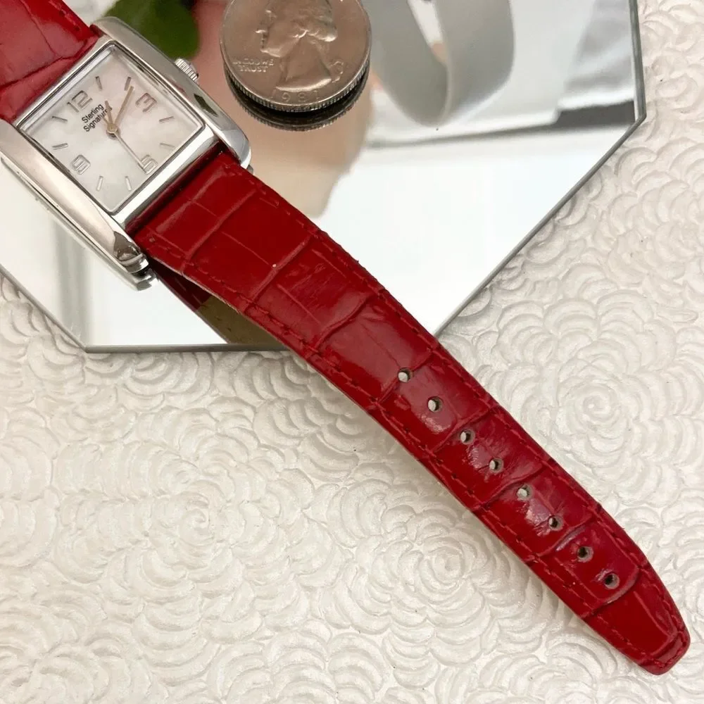 Sterling Signatures 925 Silver Tank Style Watch Mother of Pearl Dial Red Leather - Picture 14 of 16